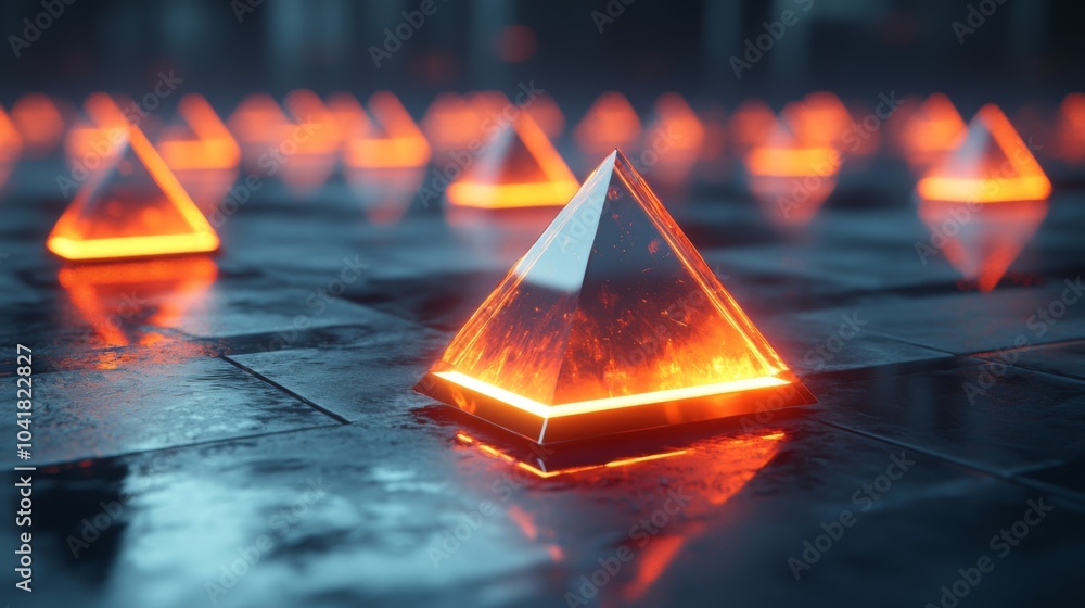 Leinwandbilder A series of glowing pyramids are placed on a dark, reflective surface, illuminated by vibrant orange light, creating a captivating and otherworldly atmosphere during twilight.