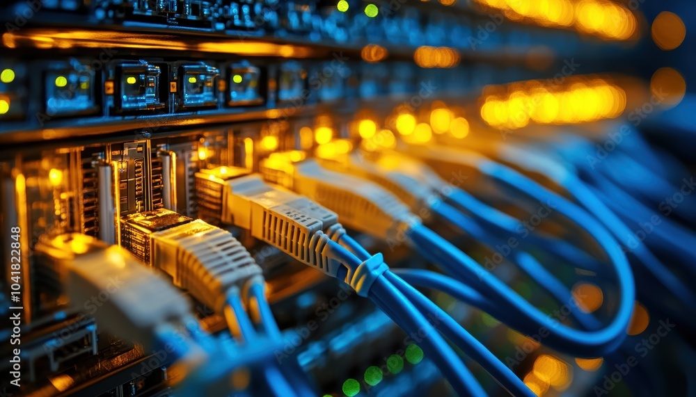 Poster close-up of network cables connected to a server at a data center with lights glowing
