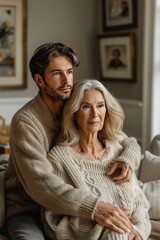 Gentle embrace: son and elderly mother share a touching moment