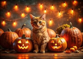 Cute Red Cat Halloween Banner with Pumpkins and a Spooky Dark Background for Festive Decor