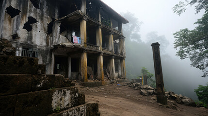 Fototapeta premium Dilapidated manor with gaping holes in roof, surrounded by misty trees