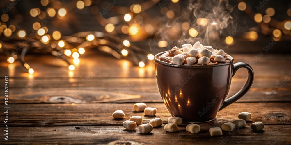 Poster a steaming mug of hot cocoa topped with fluffy marshmallows, illuminated by warm, twinkling lights, 