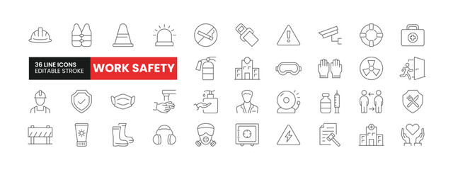 Set of 36 Work Safety line icons set. Work Safety outline icons with editable stroke collection. Includes Emergency, Security Camera, First Aid Kit, Insurance, Vaccination, and More.
