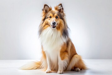 Fototapeta premium Cute Sheltie Dog Sitting Comfortably on White Background for Urban Exploration Photography