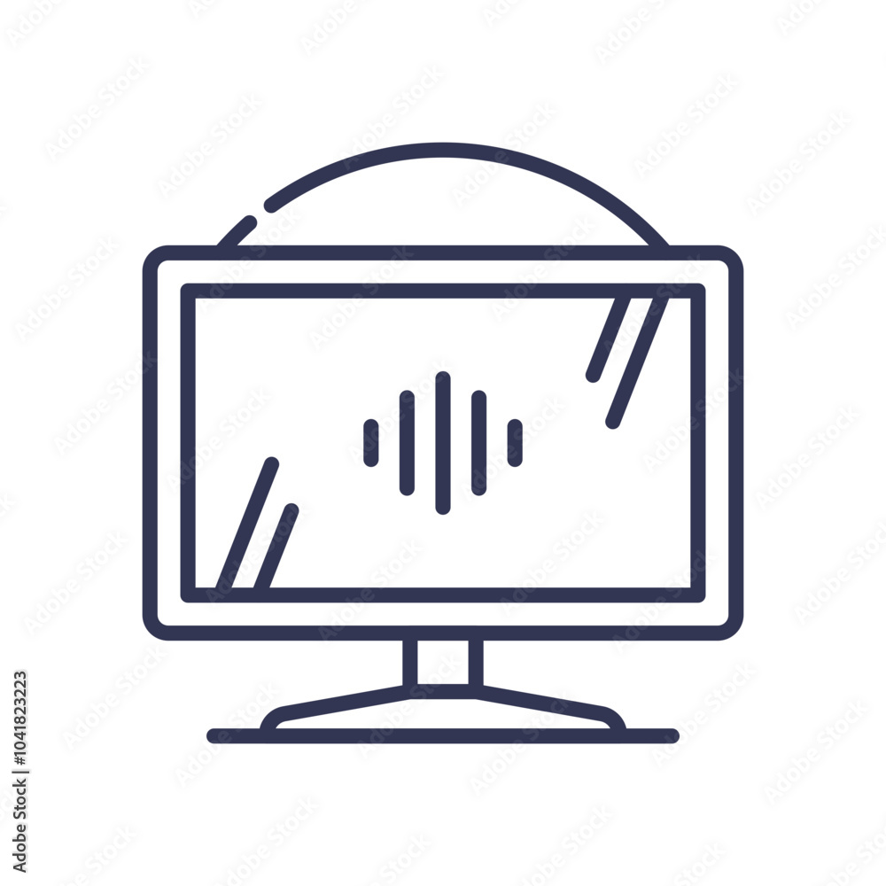 Poster line art of a smarttv with sound waves, symbolizing modern audio-visual technology.