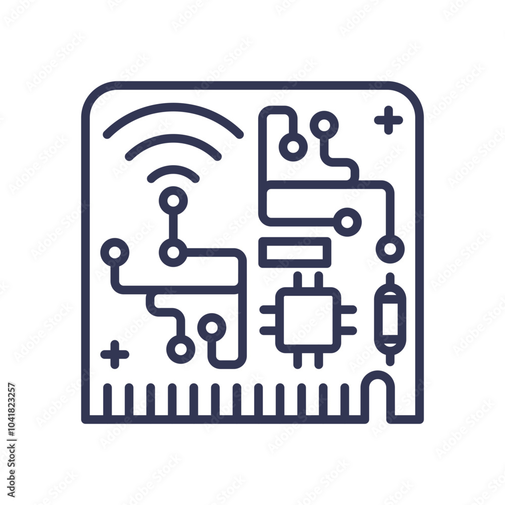 Poster circuit board with wireless signals symbolizes connectivity and complexity.