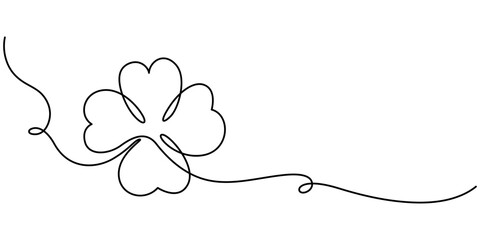 One line continuous lucky four leaves clover symbol concept. Silhouette of St Patrick's Day good luck tradition. Continuous linear drawing of clover leaves. One line drawing background.