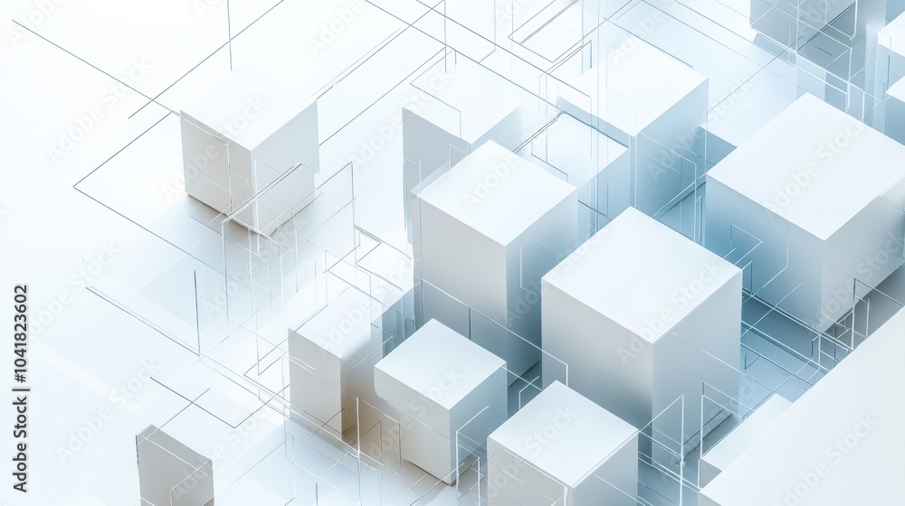 Aufkleber Multiple cubes of varying sizes and shades are interconnected by diagonal lines on a light background, creating an abstract visual effect. Generative AI