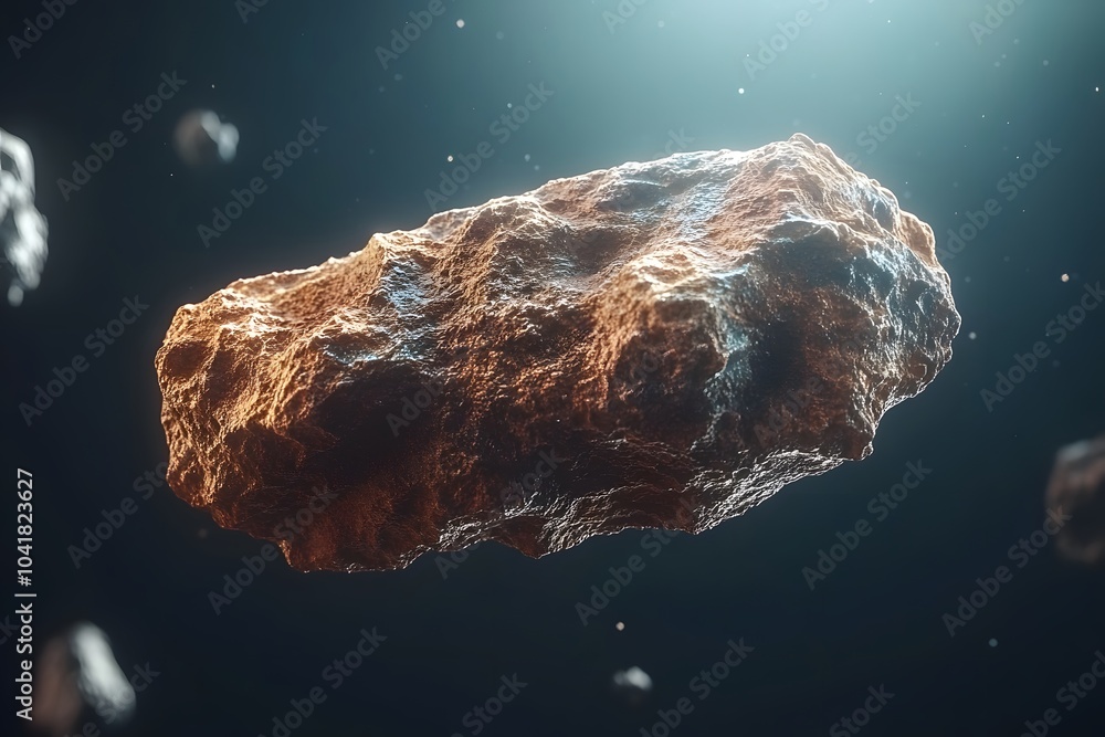 Poster a detailed depiction of a textured asteroid floating in space.