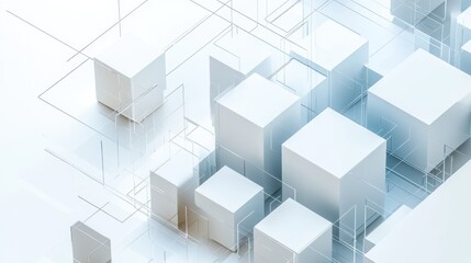Multiple cubes of varying sizes and shades are interconnected by diagonal lines on a light background, creating an abstract visual effect. Generative AI
