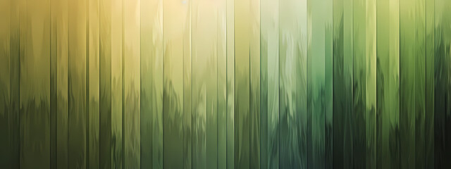 A serene abstract depiction of a lush green forest with vertical lines representing tree trunks and a warm golden light filtering through.