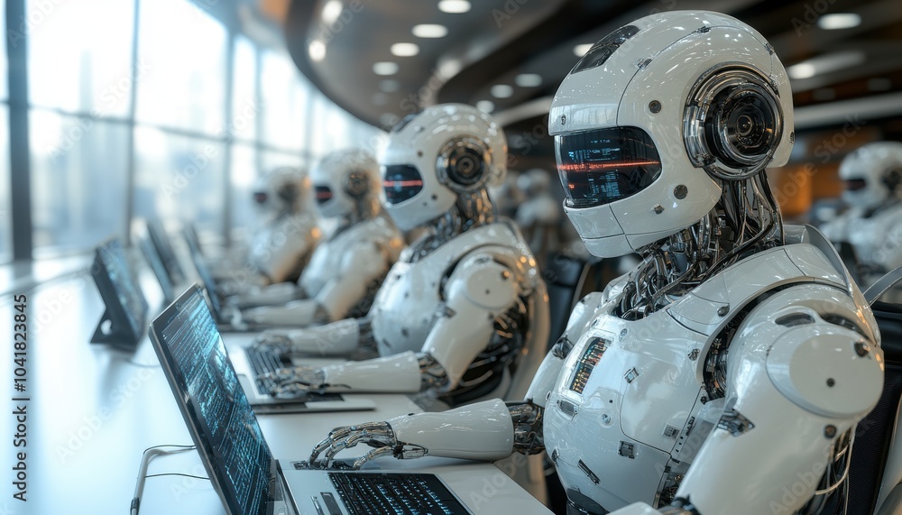 Poster robots working diligently at computers in a modern office environment