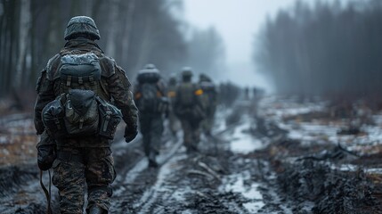 Soldiers Marching Through Snowy Forest During Military Training