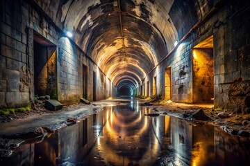 Naklejka premium Dark Abandoned Tunnel with Water and Eerie Lighting for Haunting Landscape Photography