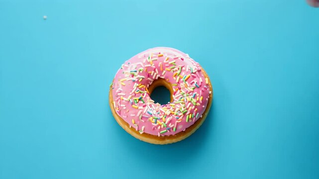 delightful sight someone savoring delicious pink donut topped colorful sprinkles blue background presented stopmotion style that captures joy indulging sweet treats food glazed bakery junk