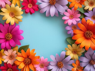 Bright flowers forming a colorful frame on blue background