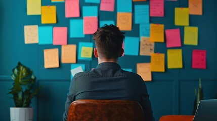 Person brainstorming ideas by staring at colorful sticky notes on a wall, embodying creativity and organization in a modern workspace.