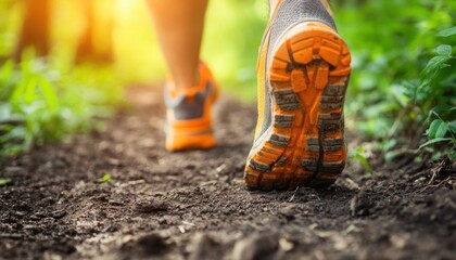 Person running on a dirt trail surrounded by greenery during sunset