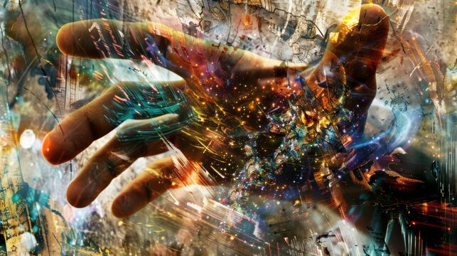 A digitally manipulated photograph of a human hand with overlapping images of different tools or objects representing the infinite possibilities and outcomes of a superposed particle.