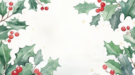 Holly leaves and berries frame an empty space, perfect for holiday designs.