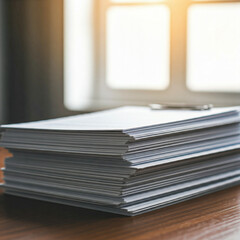 stack of documents. stack of magazines. pile of white papers. white papers in a wooden table.