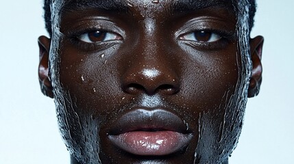 Close-up view of afro-american man eyes blinking and looking straight. Detailed portrait of confident and calm black guy staring at camera.