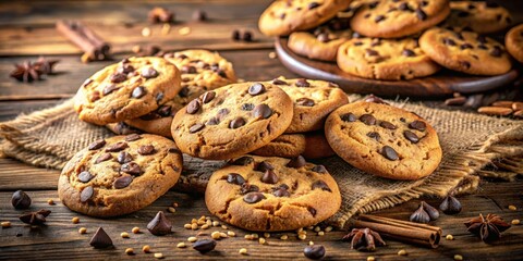 Naklejka premium A Close-Up View of Delicious Chocolate Chip Cookies on a Rustic Wooden Surface with Cinnamon Sticks and Star Anise