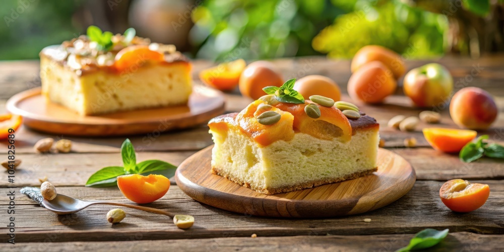 Poster A rustic wooden table with a slice of cake, topped with fresh fruit and nuts, creates a delightful and appetizing scene.