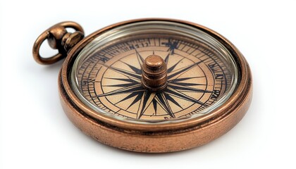 Antique brass compass with detailed markings resting on a white background