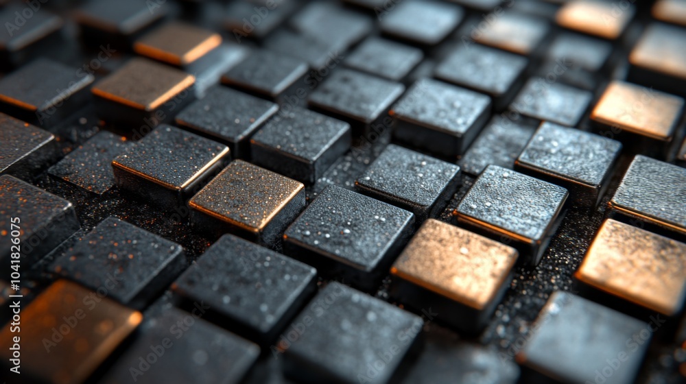Aufkleber This composition showcases a close-up of metallic tiles arranged in a grid, featuring a mix of shiny and matte finishes. Water droplets accentuate their textures, creating a visually appealing effect.