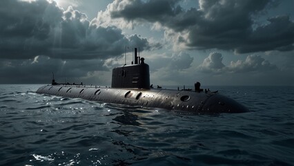 Military submarine patrolling on ocean surface at twilight