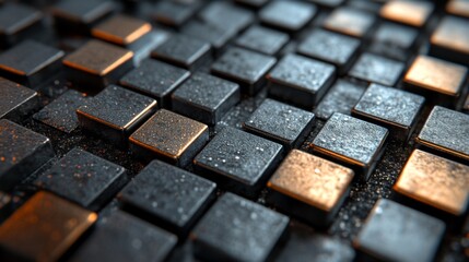 This composition showcases a close-up of metallic tiles arranged in a grid, featuring a mix of shiny and matte finishes. Water droplets accentuate their textures, creating a visually appealing effect.