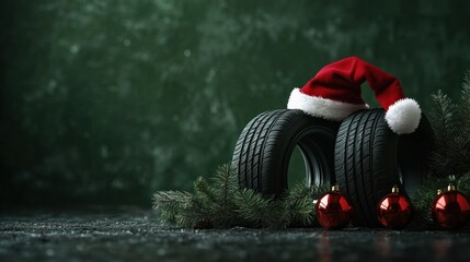 Tires adorned with Santa hat and holiday ornaments