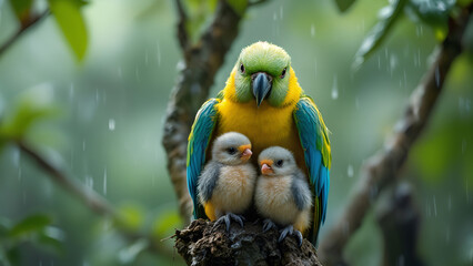A Vibrant Mother Bird Protects Her Adorable Chicks from the Gentle Rainfall in Nature