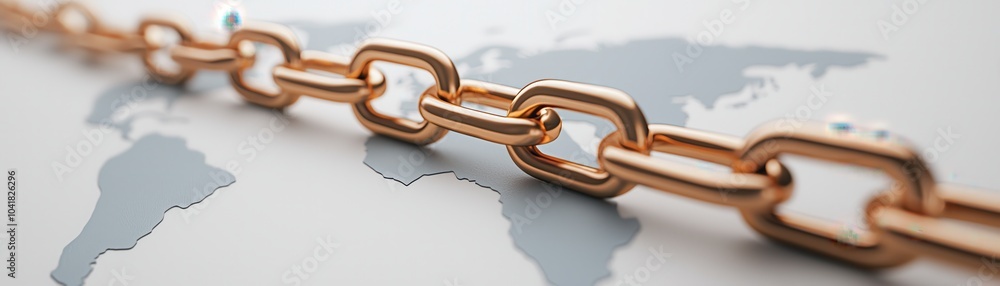 Poster a close-up of a metallic chain positioned over a world map, symbolizing connectivity and global inte