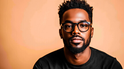 Obraz premium Black man, short hair, wearing glasses, he is 27 years old. he is wearing a black shirt. Solid background