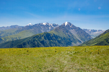 Scenic views on snowy mountain peaks and valley at summer. Green meadows and forests, slopes, hilly countryside, blue sky with clouds. Beautiful landscape, travel background, wallpapers and banner.