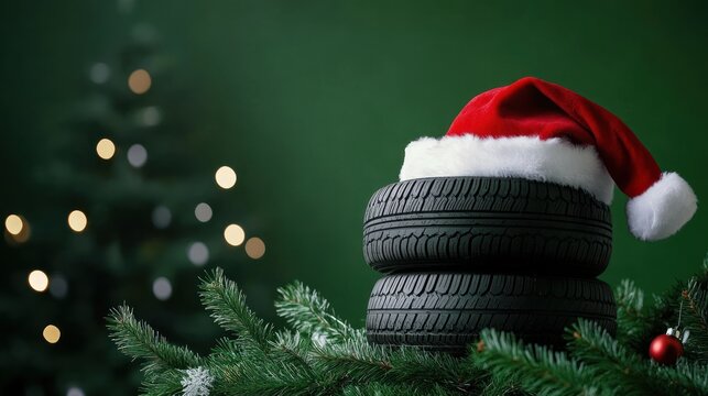 Santa hat on tires amid a serene Christmas setting