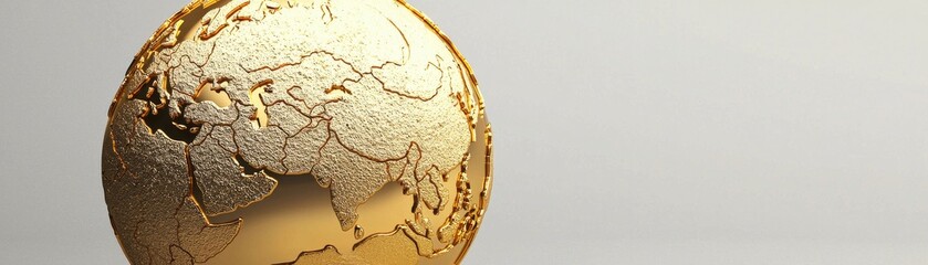 A shiny golden globe elegantly reflecting geographical contours, symbolizing wealth, achievement, and global interconnectedness.