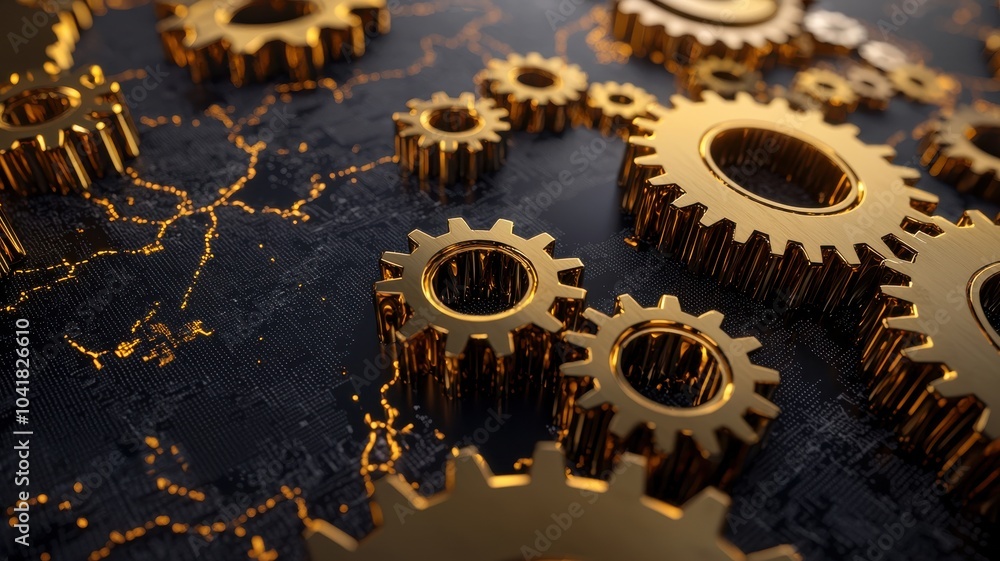 Poster a close-up view of golden gears on a textured surface, showcasing a mechanical arrangement with intr