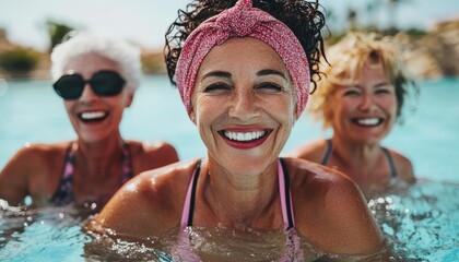 Obraz premium Three joyful women enjoying a sunny pool day with bright smiles and laughter