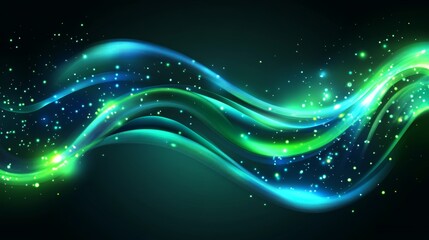 Abstract Green and Blue Glowing Waves with Sparkle Background