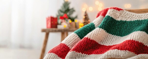 Hand-knitted Christmas sweater, cozy and sustainable, draped over a rustic wooden chair, with handmade holiday decor in the background
