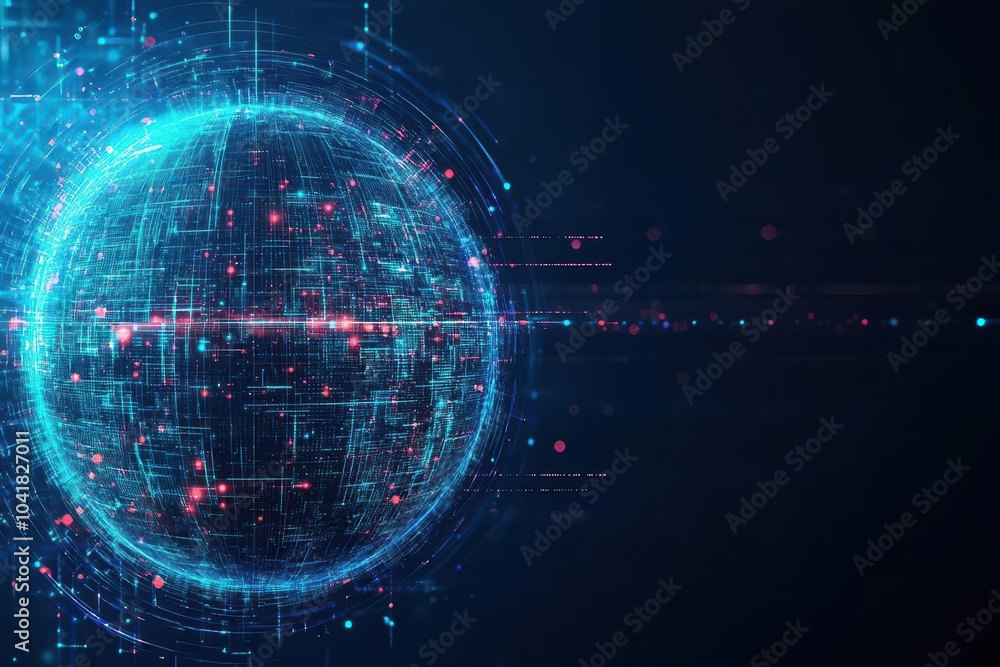 Aufkleber Spheres intersected by glowing lines in an abstract tech background, with a focus on fluidity, side view Represents data exchange Scifi tone Tetradic color scheme