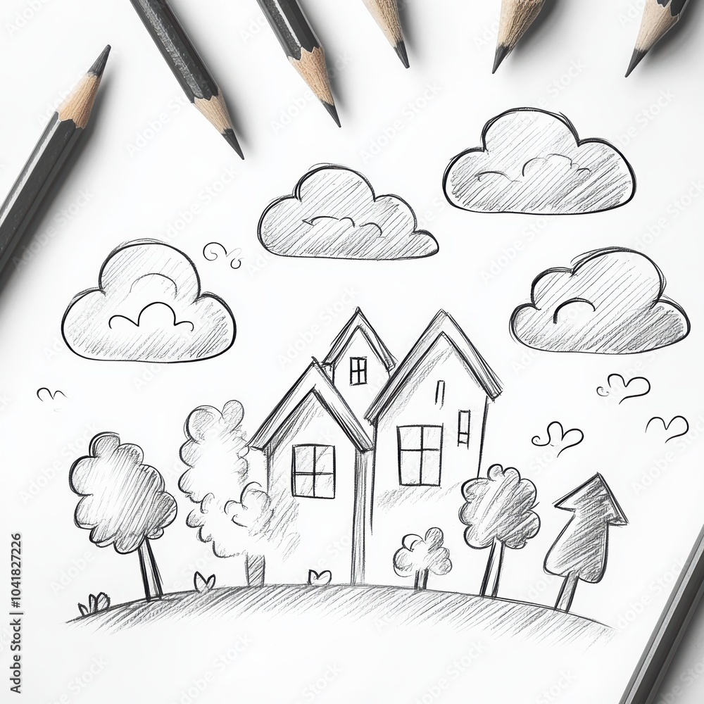 Poster hand-drawn doodles of whimsical clouds, trees, and houses create a charming landscape filled with cr