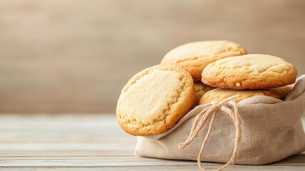 Homemade Christmas cookies in sustainable packaging, wrapped in cloth, rustic wooden table background, festive and handmade aesthetic
