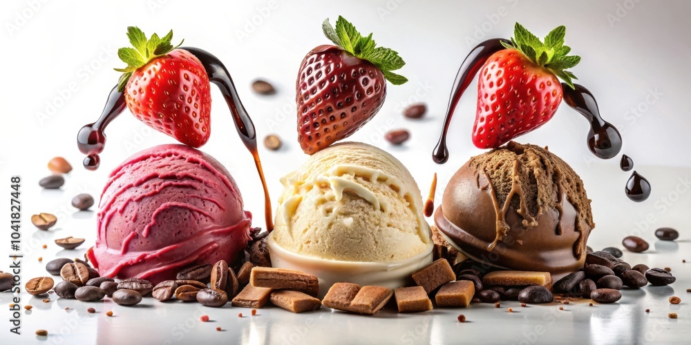 Poster a trio of ice cream scoops topped with fresh strawberries and drizzled with chocolate sauce, resting