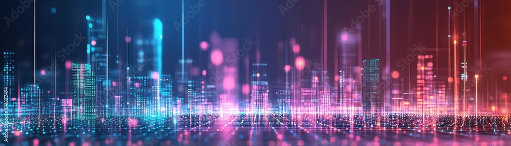 Poster Smart city architecture woven with glowing dots and gradient lines, representing realtime data exchange, front view, futuristic tone, Analogous Color Scheme
