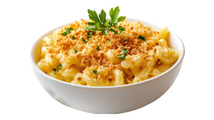 Creamy macaroni and cheese topped with breadcrumbs in a white bowl, garnished with parsley, served on a neutral background.