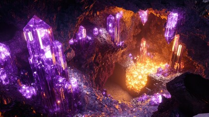 Naklejka premium A dazzling subterranean crystal mine, with radiant gems illuminating the cavern walls, casting a magical glow.